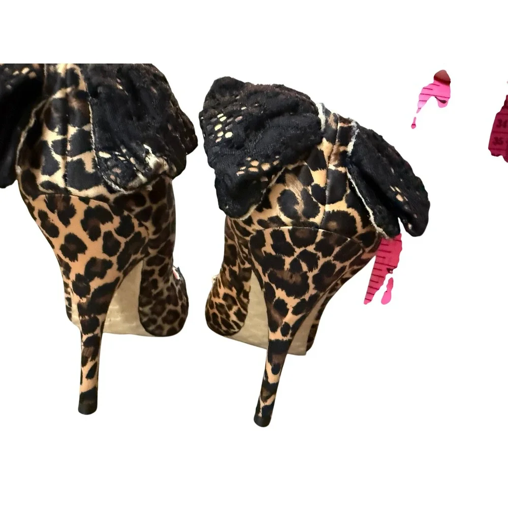 Betsey Johnson Leopard Print Lace Bow‎ Pointed Toe Pumps Stiletto Heels Brown 8M